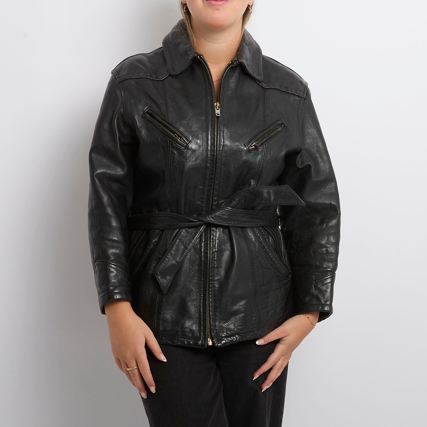 Leather Collared Zip Detail Jacket - UK 10