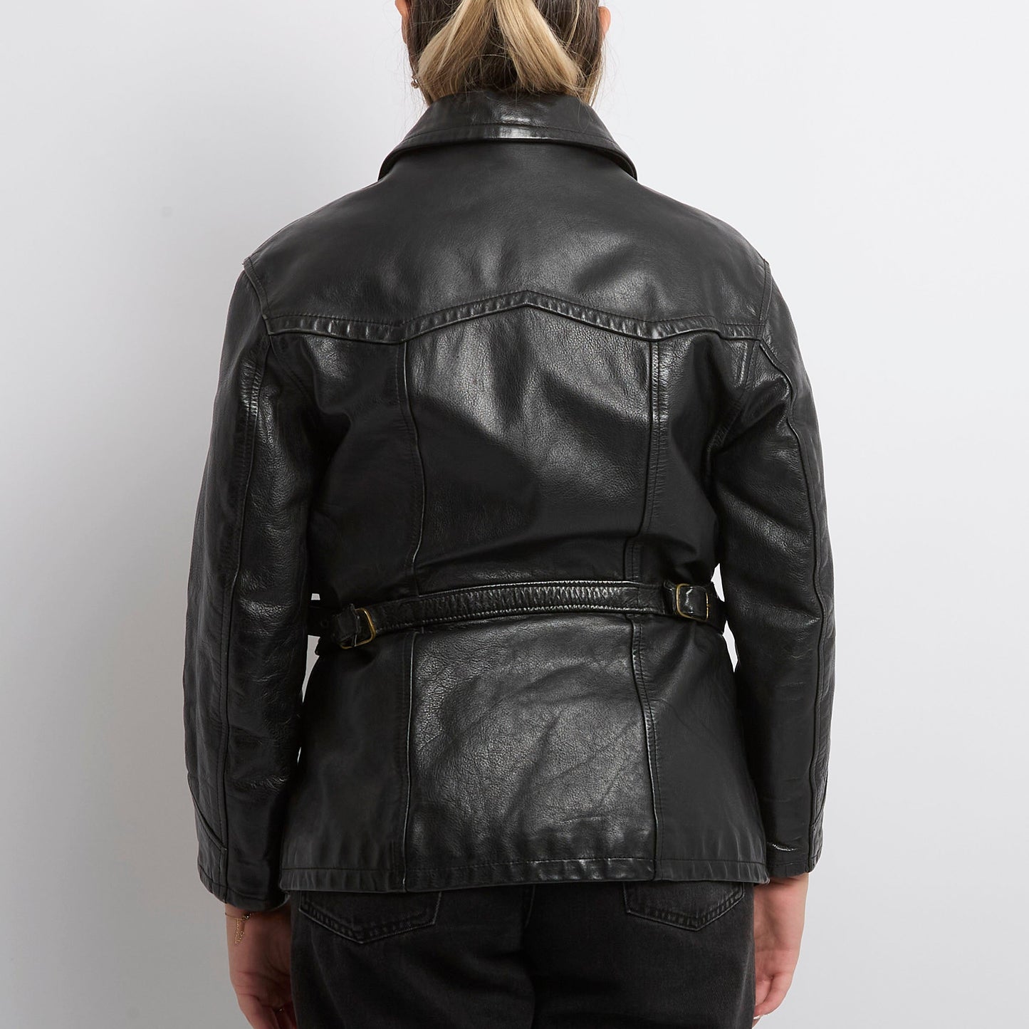 Leather Belted Zip  Jacket - UK 10