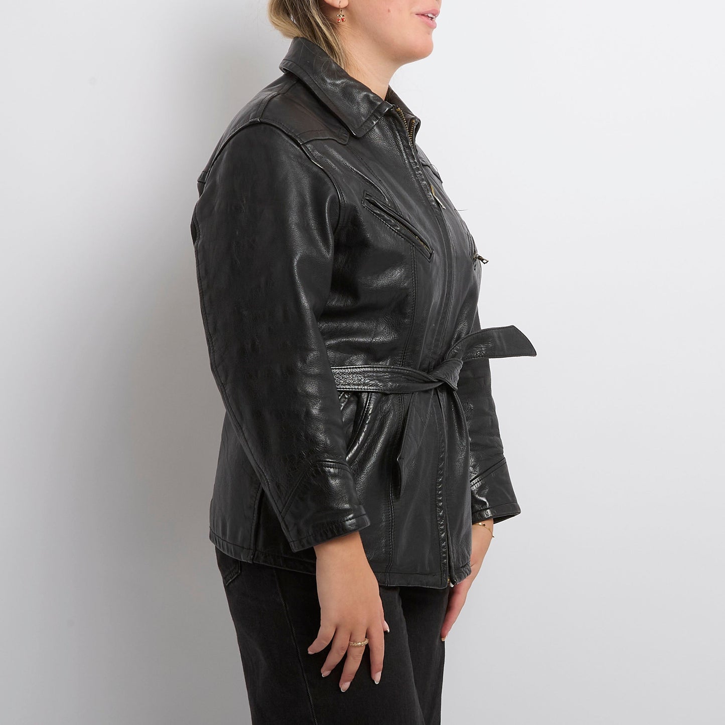 Leather Belted Zip  Jacket - UK 10