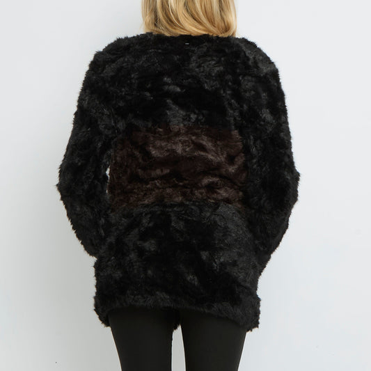 Faux Fur Contrast Panel Zip Up Jacket - UK 10