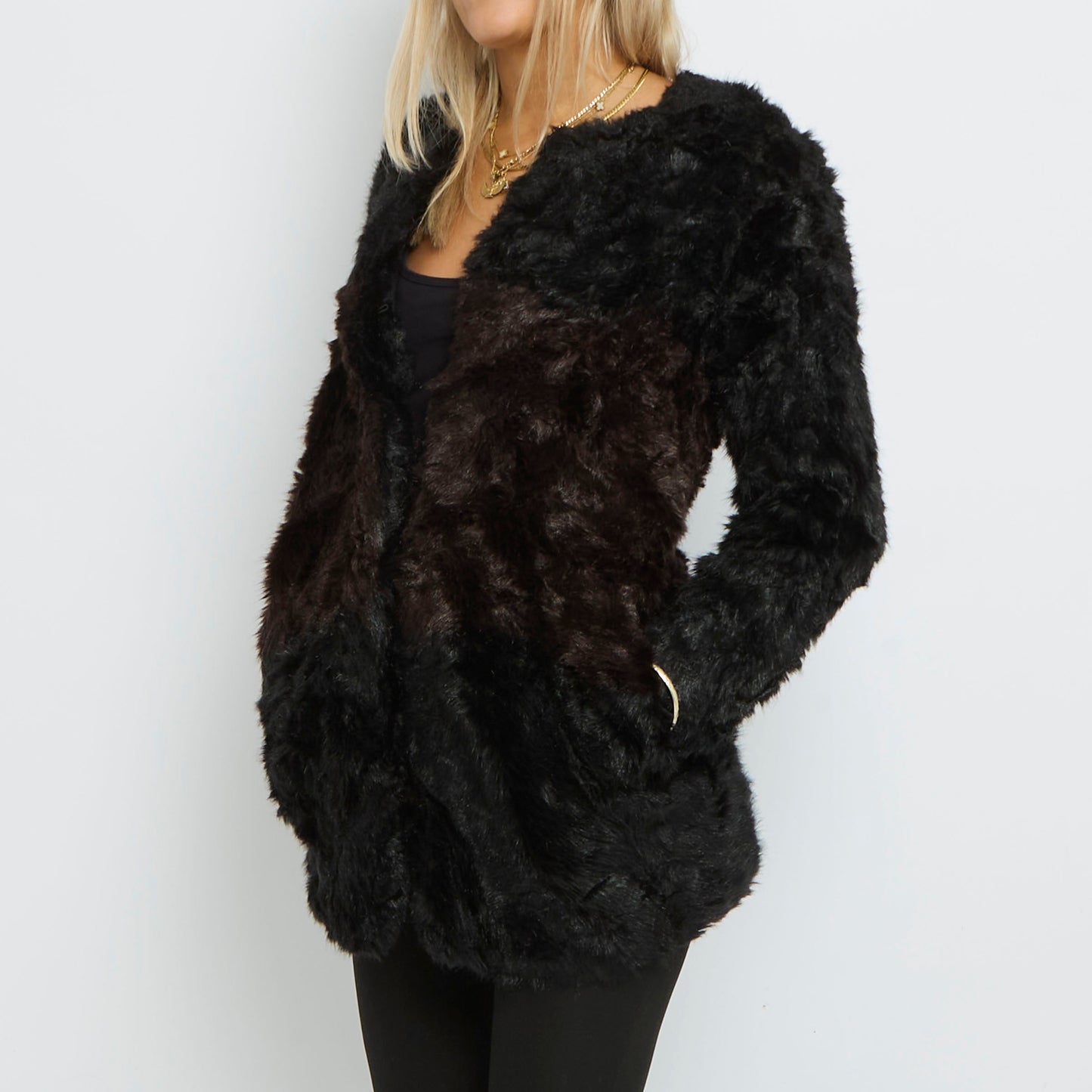 Faux Fur Contrast Panel Zip Up Jacket - UK 10