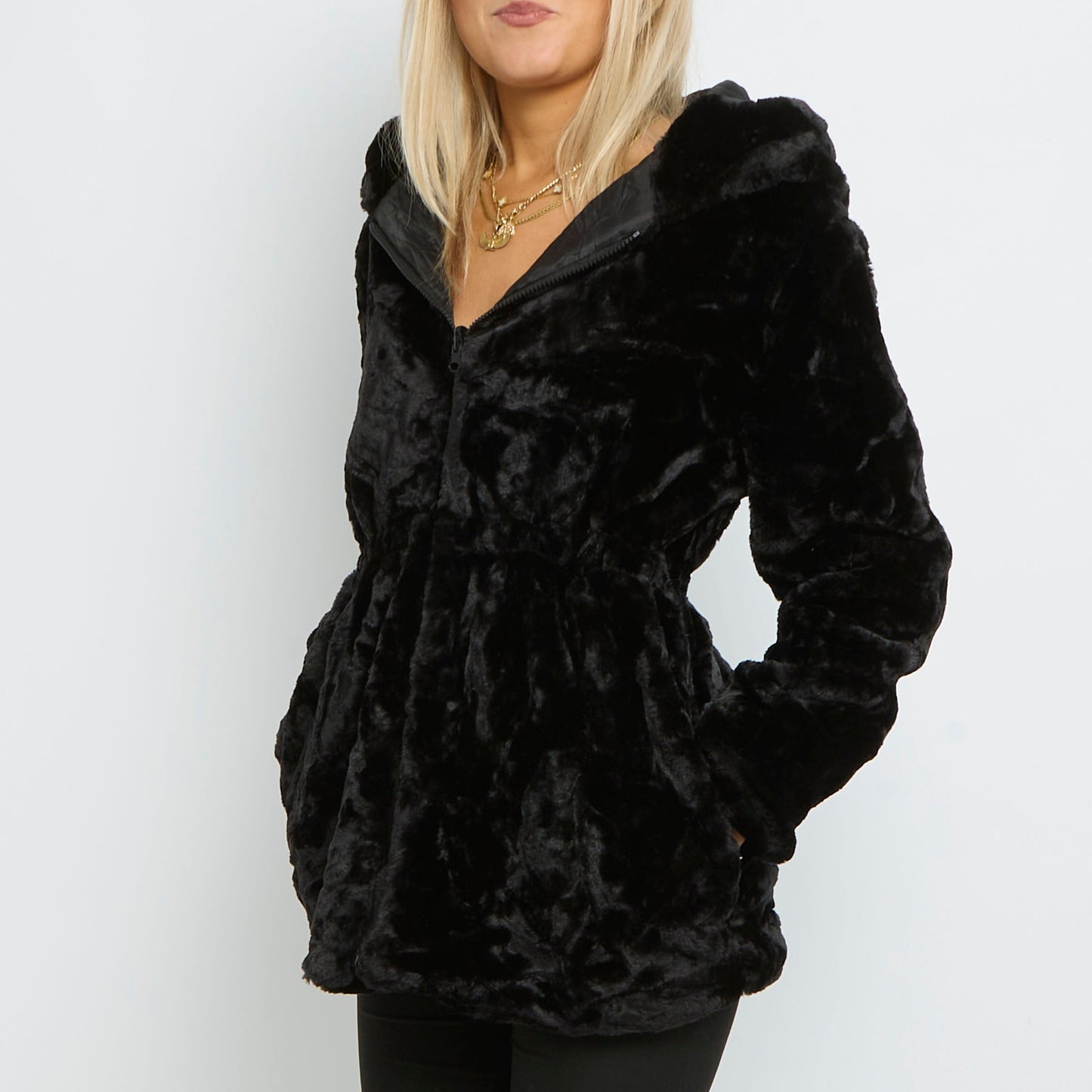 Faux Fur Elasticated Waist Hooded Coat - UK 10