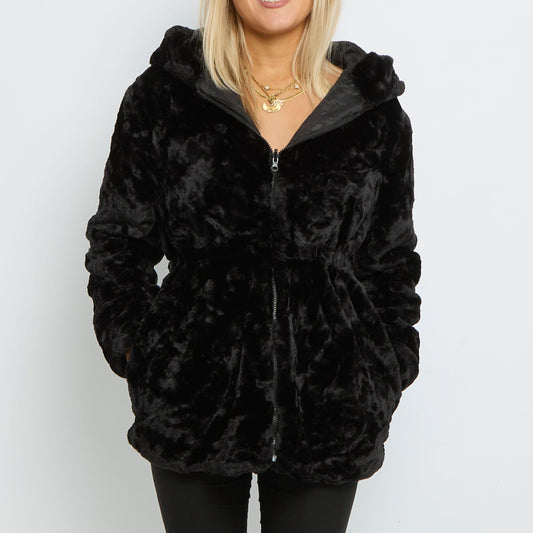 Faux Fur Elasticated Waist Hooded Coat-10