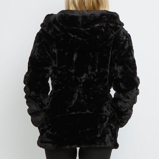 Faux Fur Elasticated Waist Hooded Coat - UK 10