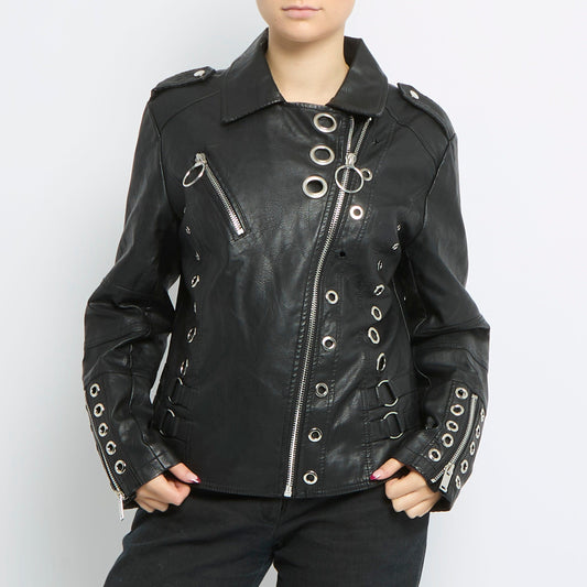 Ring Detail Leather Biker Jacket - UK 10