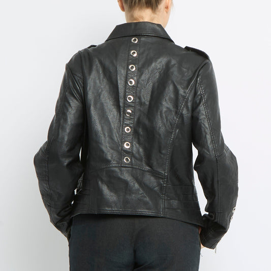 Ring Detail Leather Biker Jacket - UK 10