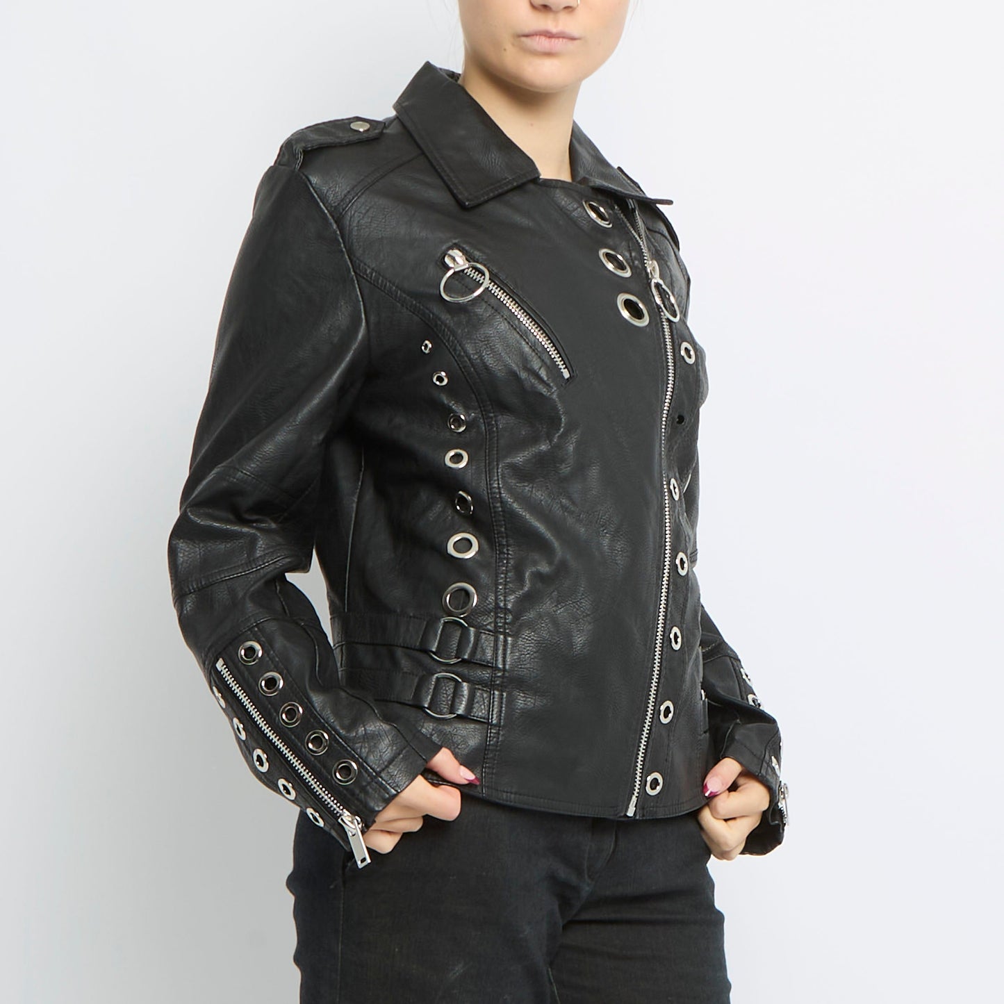 Ring Detail Leather Biker Jacket - UK 10