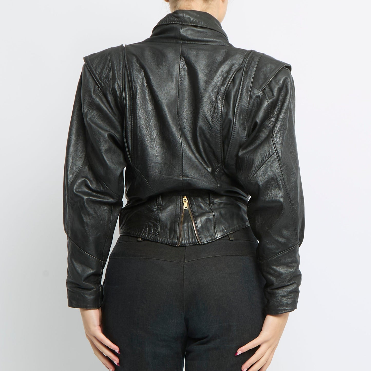 V-Cut-Rouleau Detail Leather Jacket - UK 10