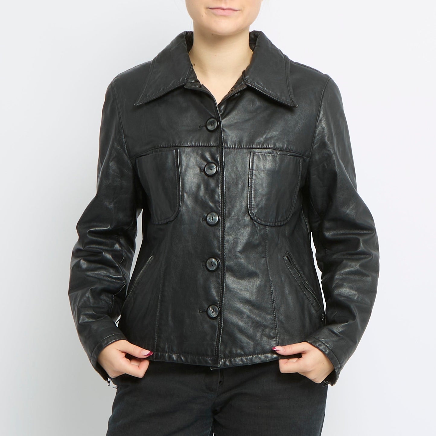 Button Detail Leather Jacket - UK 10