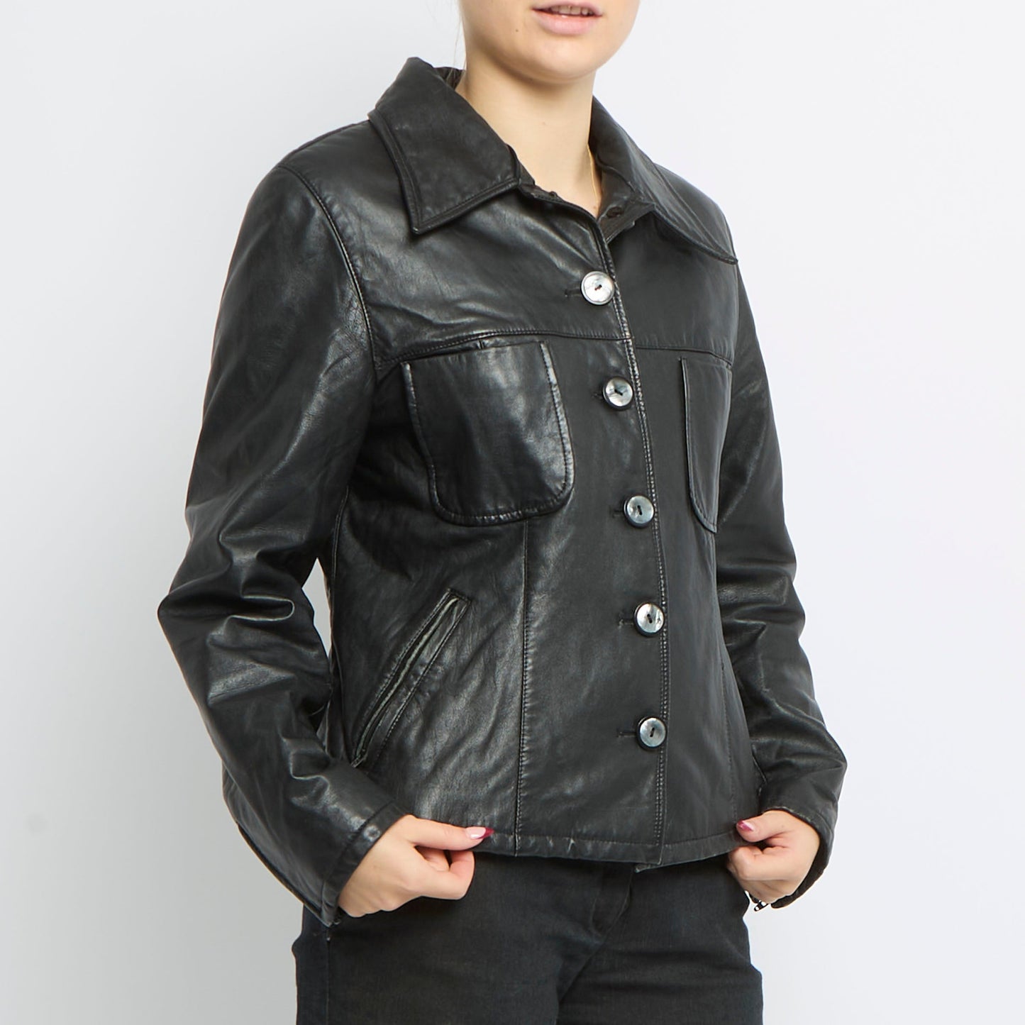 Button Detail Leather Jacket - UK 10