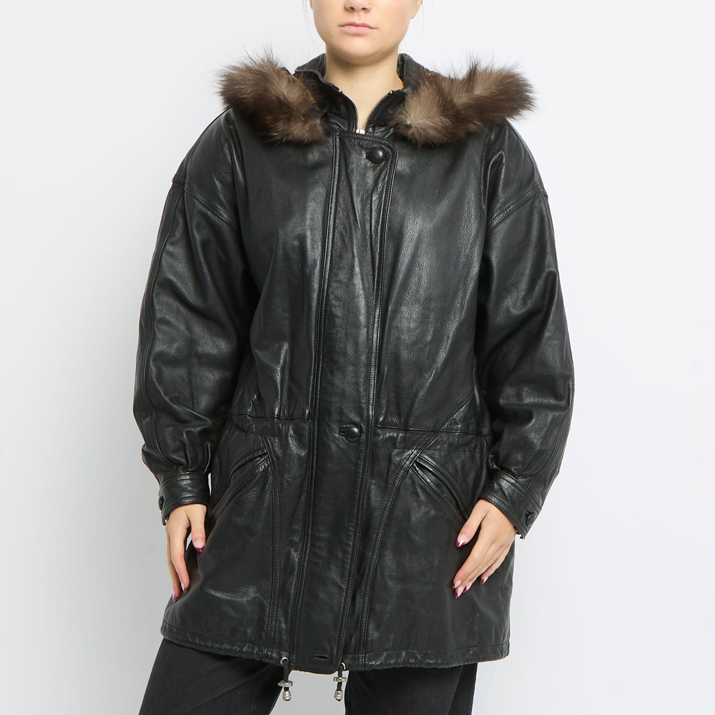 Fur Trim Heavy Long Leather Jacket - UK 10