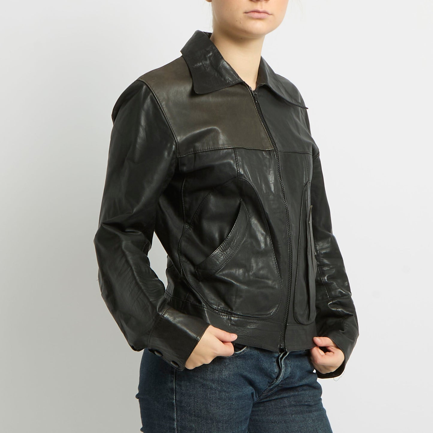 Zip Up Leather Shirt Jacket - UK 10