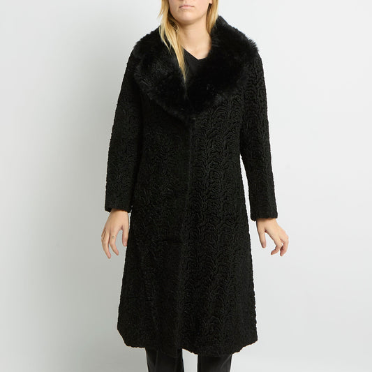 Textured Fur Collar Long Jacket - UK 10