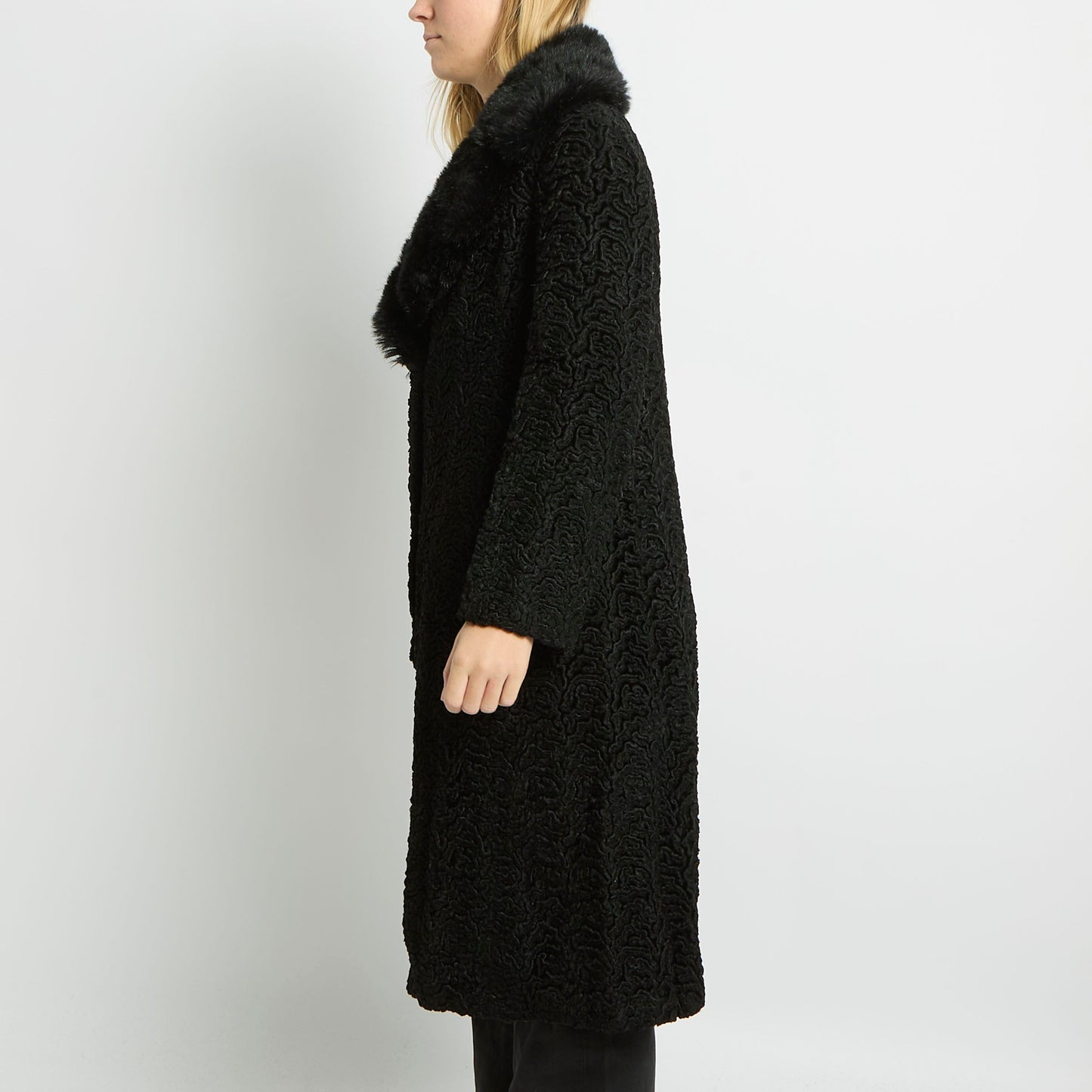 Textured Fur Collar Long Jacket - UK 10