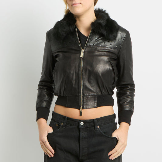 Fur Collar Cropped Leather Jacket - UK 10