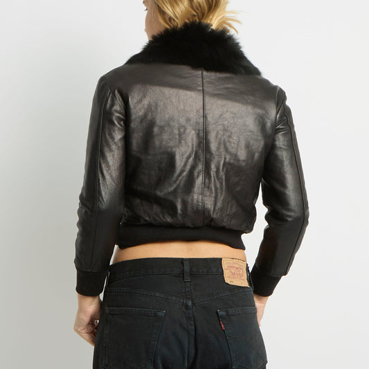 Fur Collar Cropped Leather Jacket - UK 10