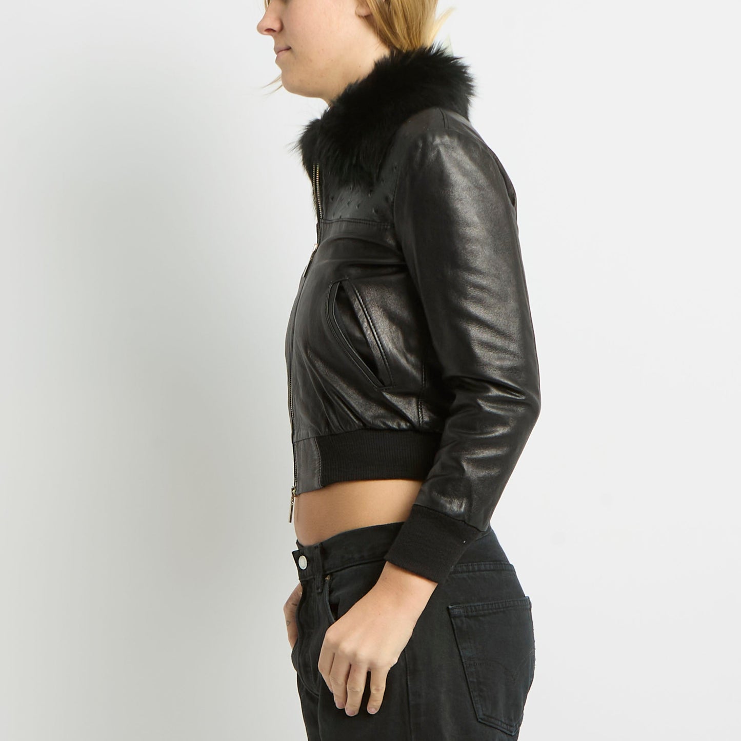 Fur Collar Cropped Leather Jacket - UK 10