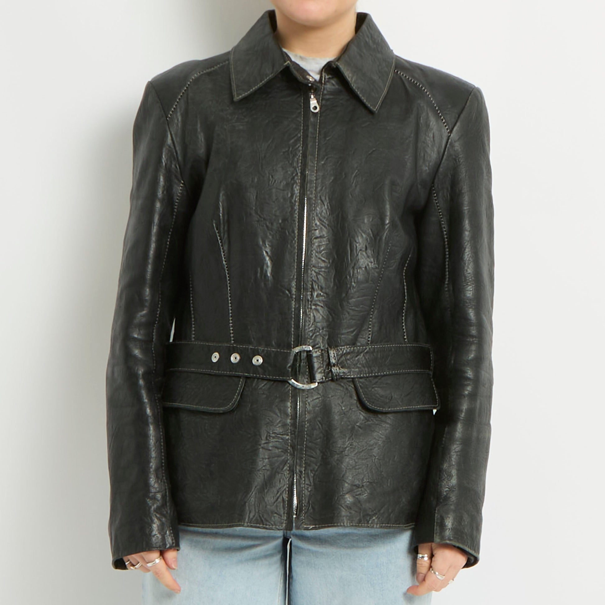 Contrast Stitch Belted Leather Blazer - UK 10