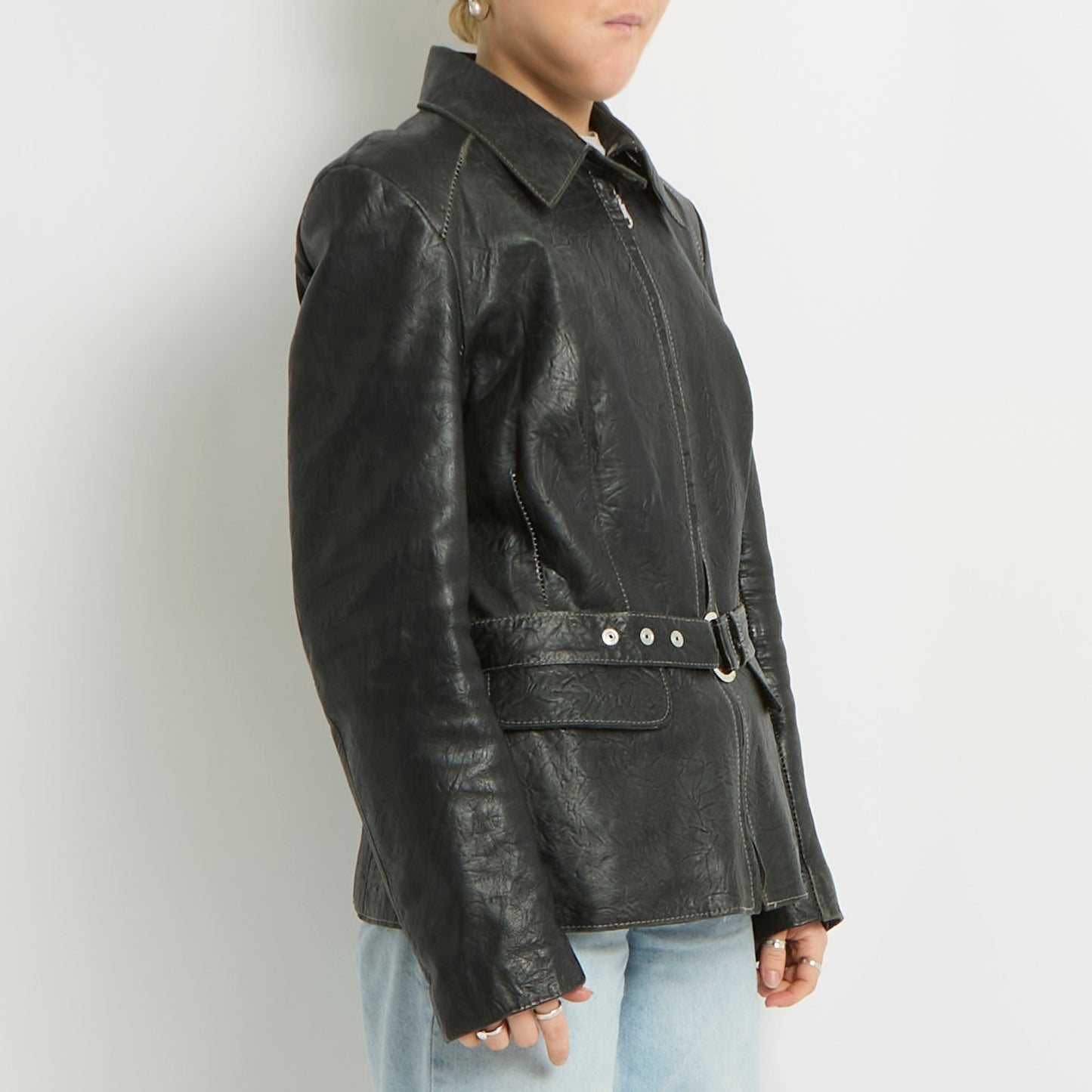 Contrast Stitch Belted Leather Blazer - UK 10