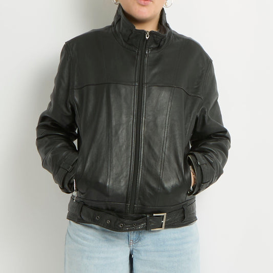 Belted Leather Zip Up Jacket - UK 10