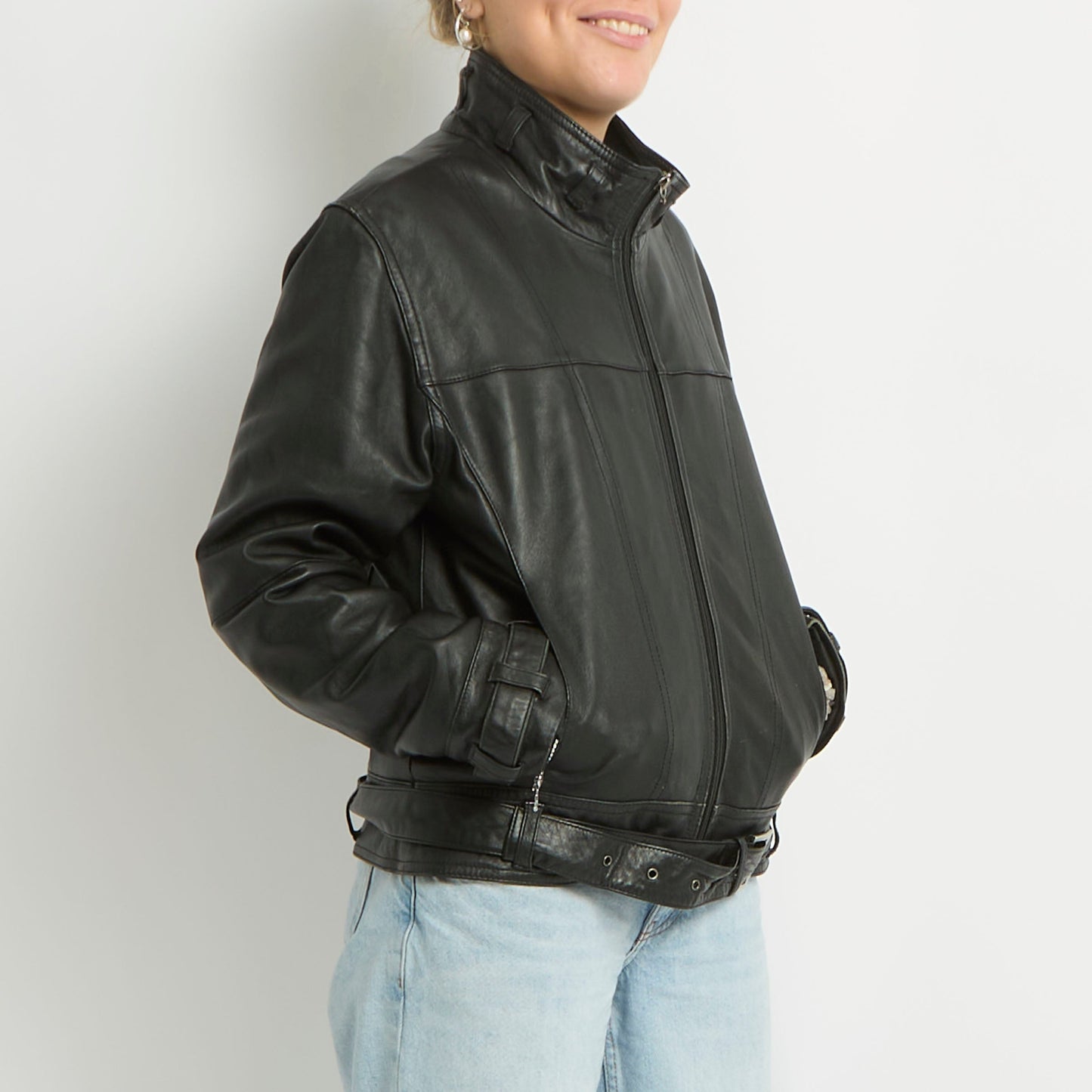 Belted Leather Zip Up Jacket - UK 10