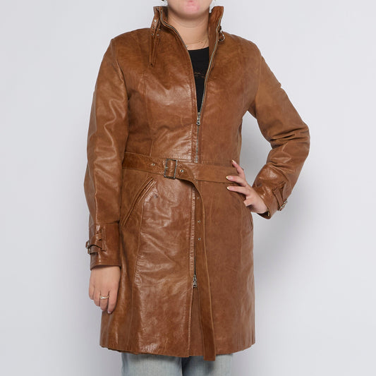 Leather Belted Buckle Detail Coat - UK 10