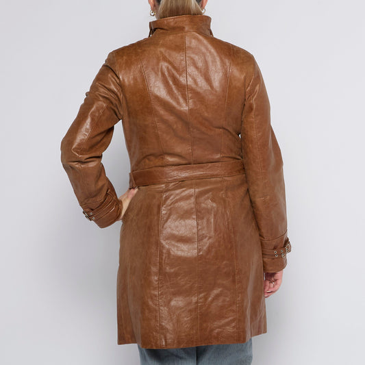 Long Leather Belted Buckle  Coat - UK 10