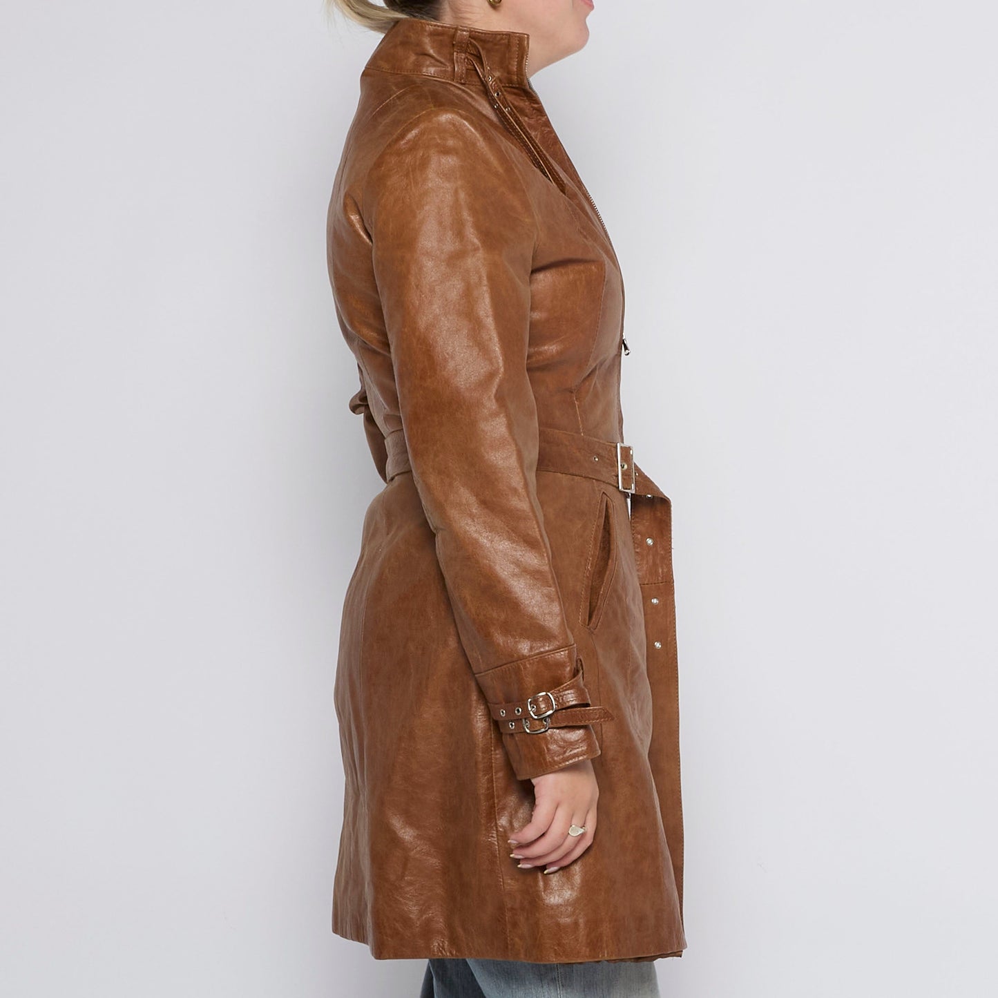 Long Leather Belted Buckle  Coat - UK 10