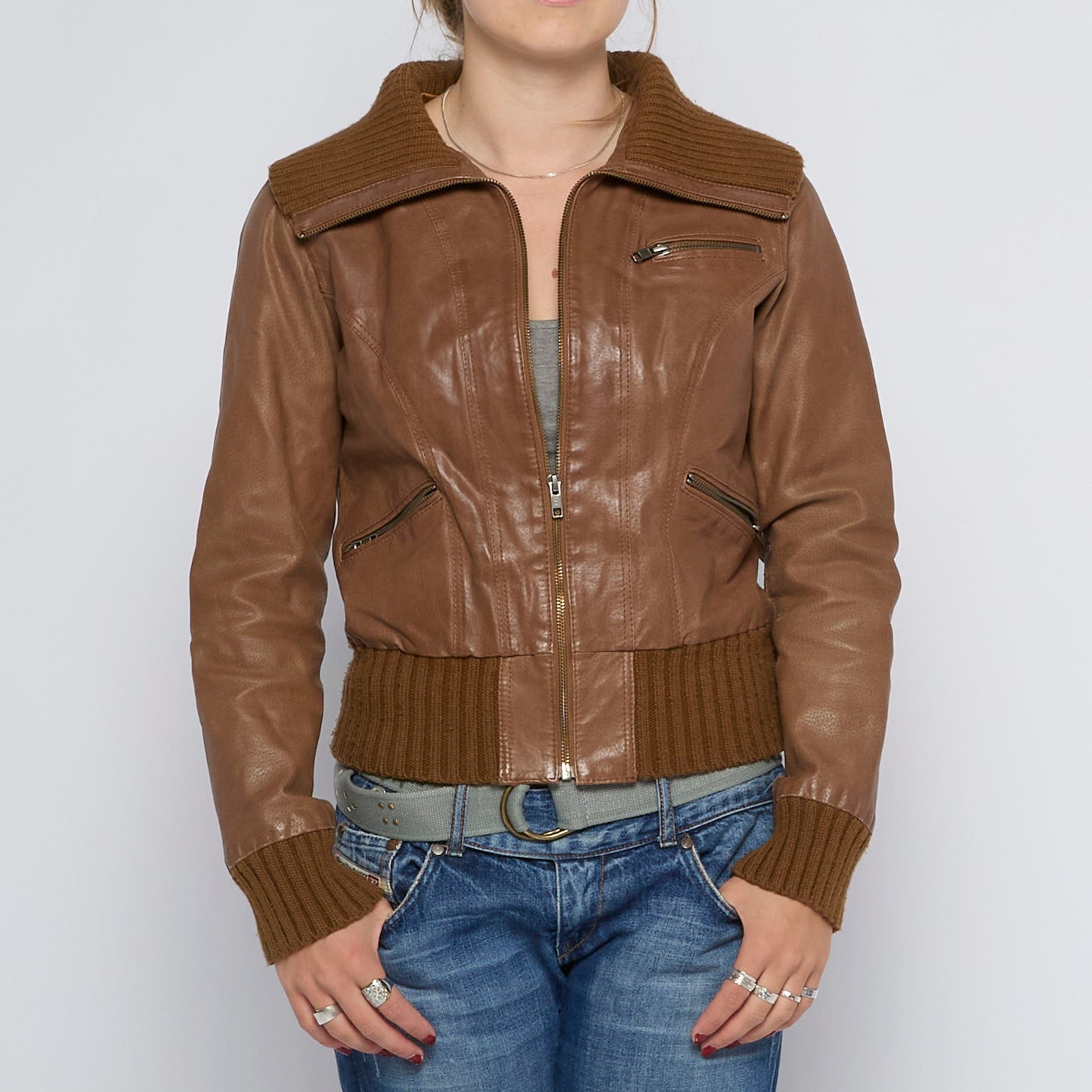 Ribbed Collar Leather Jacket - UK 10