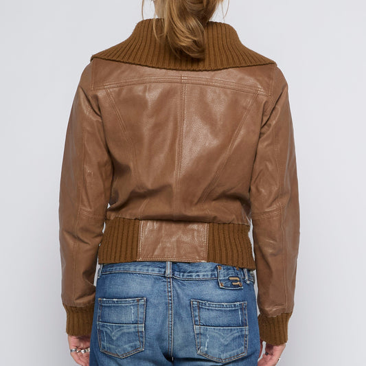 Ribbed Collar Leather Bomber Jacket - UK 10