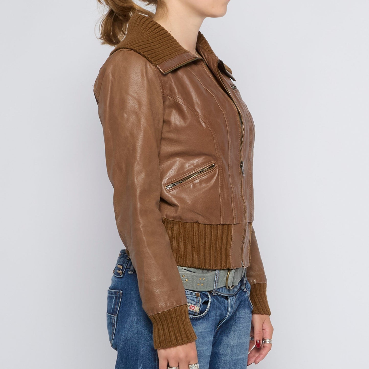 Ribbed Collar Leather Bomber Jacket - UK 10