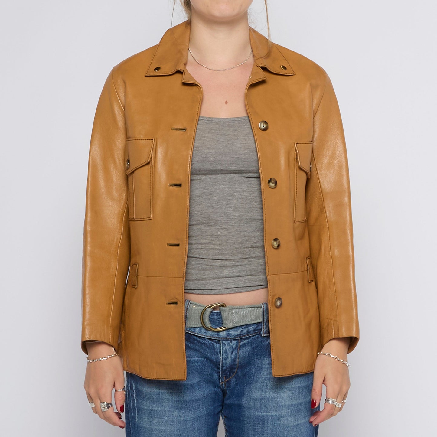 Collared Pocket Detail Leather Jacket - UK 10