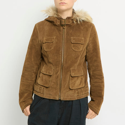 Suede Utility Style Fur Hooded Jacket- UK 10