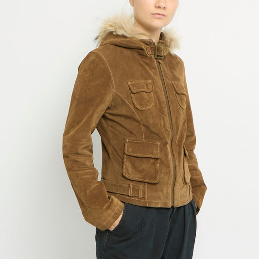 Suede Utility Style Fur Hooded Jacket- UK 10