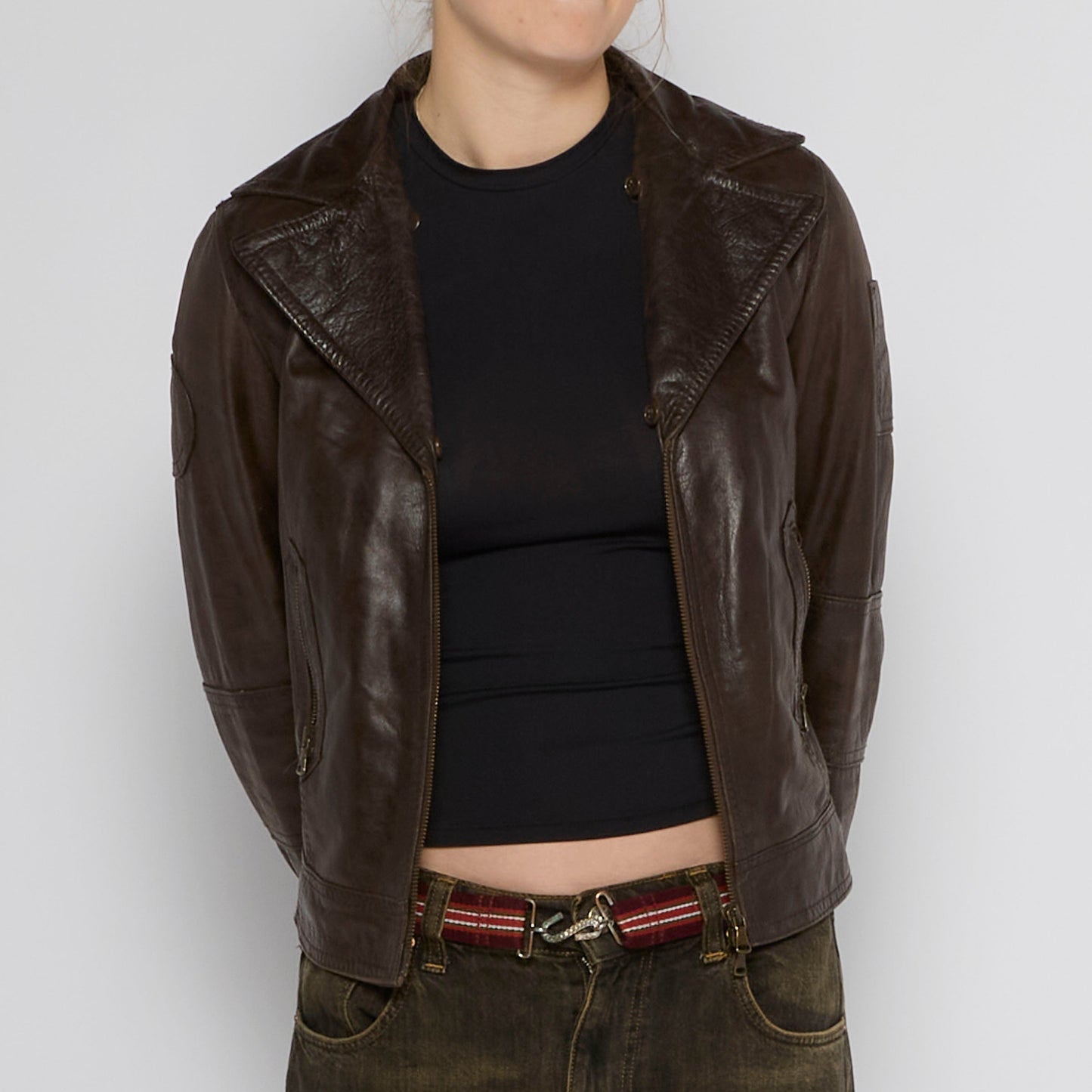 Double Breasted Zip Up Leather Jacket - UK 10