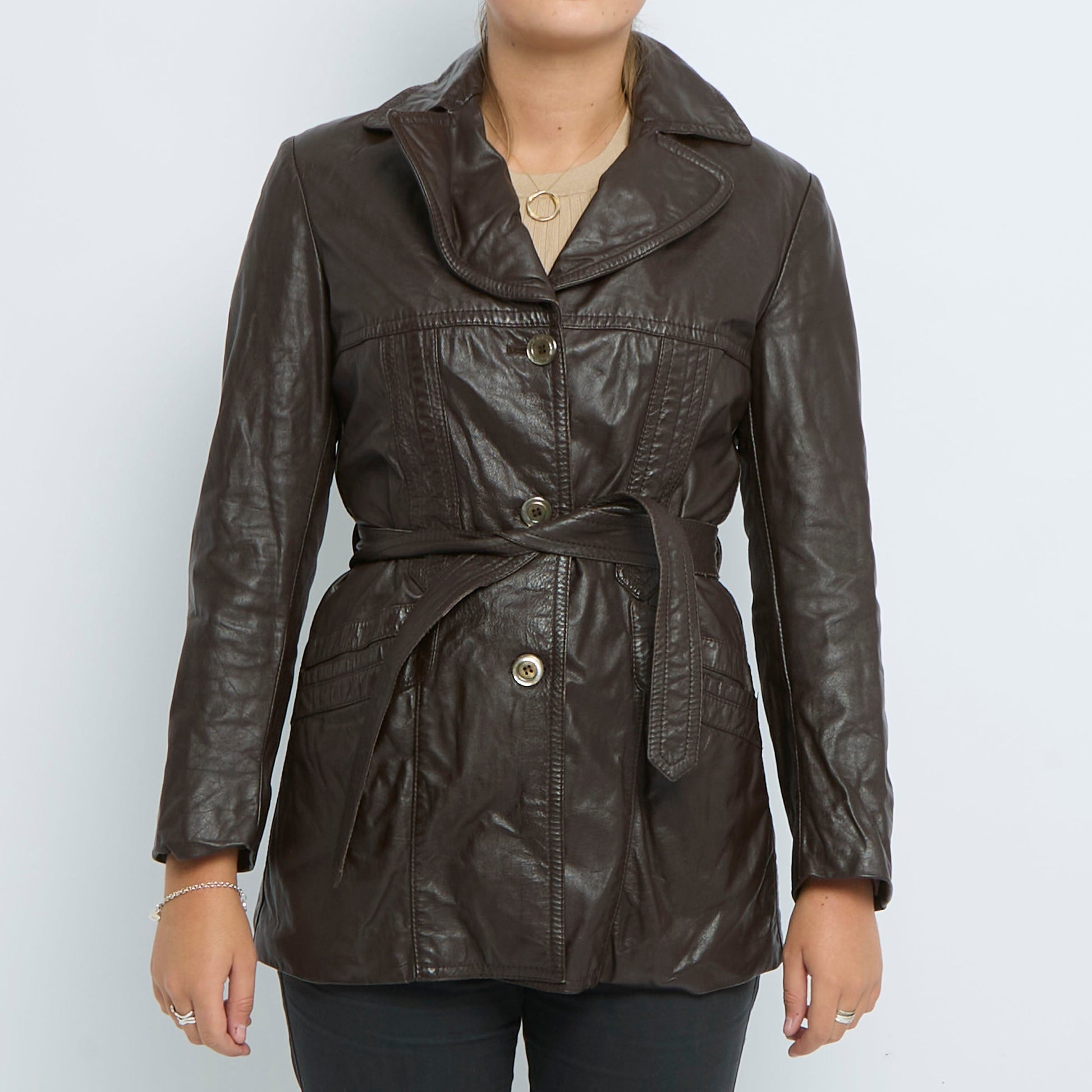 Buttoned Double Breasted Leather Jacket - UK 10