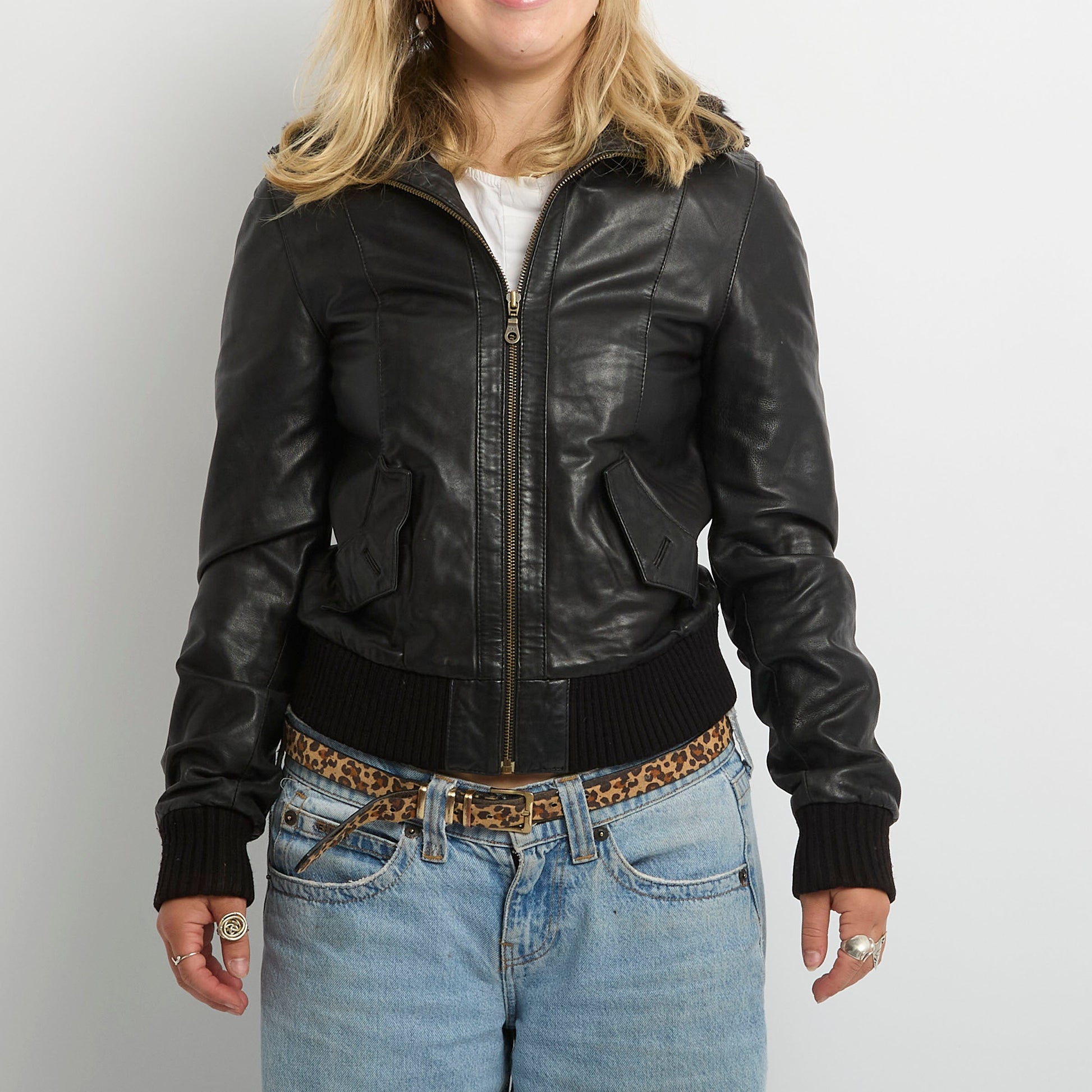 Leather Fur Neck Cuffed Jacket- UK 10