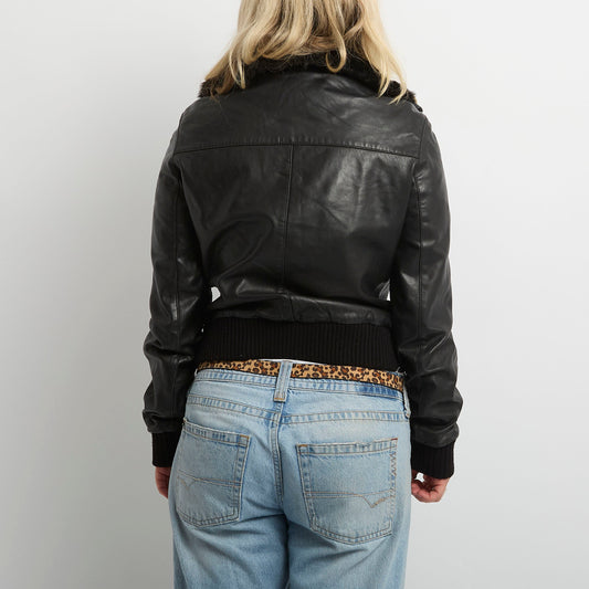 Leather Fur Neck Cuffed Bomber Jacket - UK 10