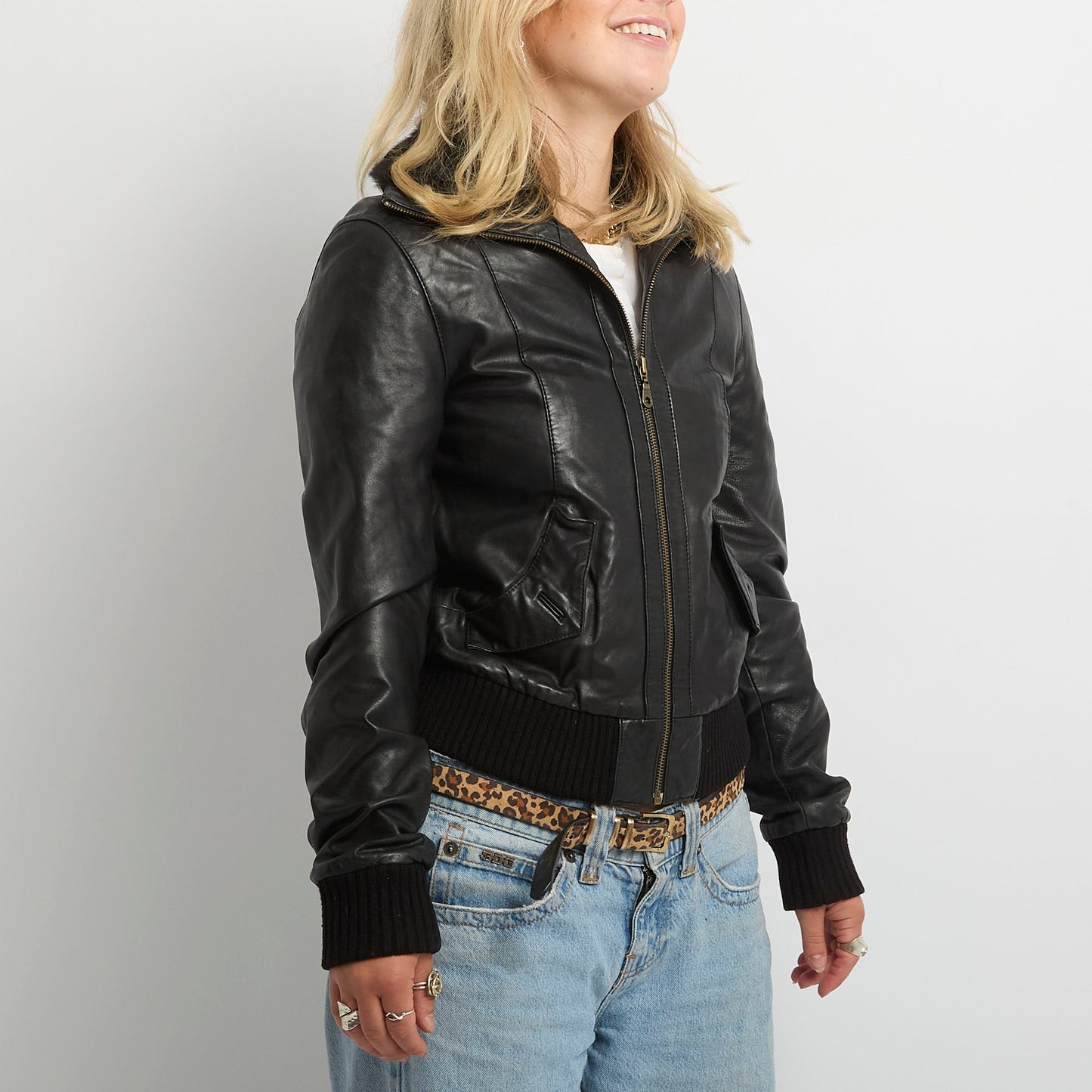 Leather Fur Neck Cuffed Bomber Jacket - UK 10