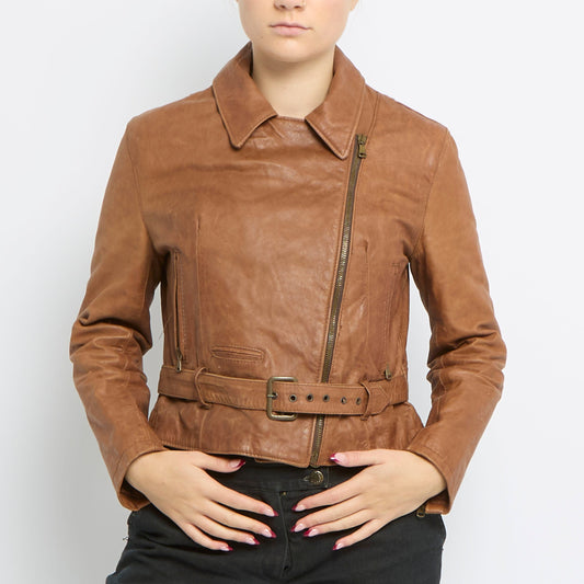 Belt Detail Zip Up Leather Jacket - UK 10