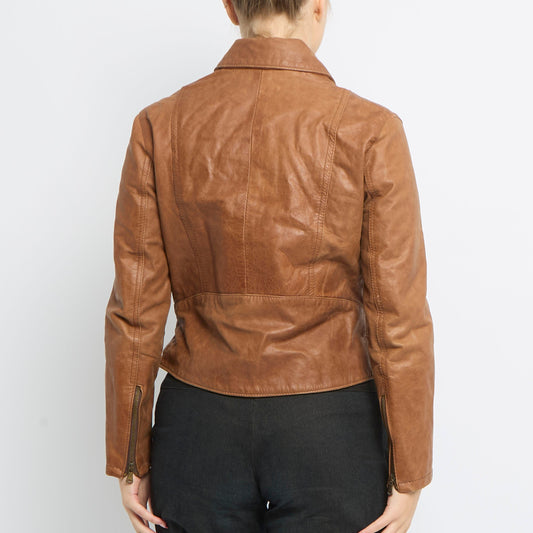 Belt Detail Zip Up Leather Jacket - UK 10