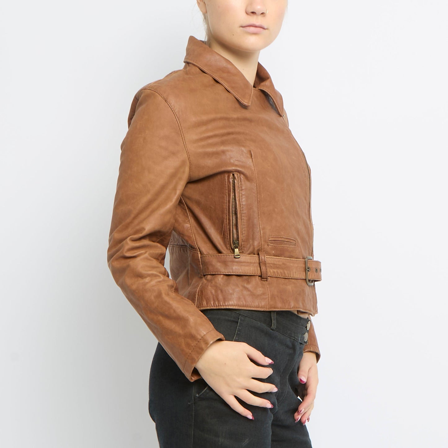 Belt Detail Zip Up Leather Jacket - UK 10