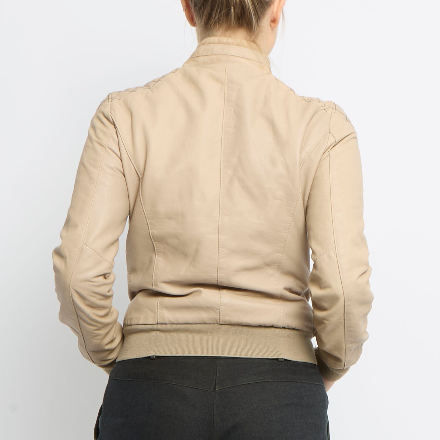 Zip Detail Diamond Stitch Leather Bomber Jacket - UK 10