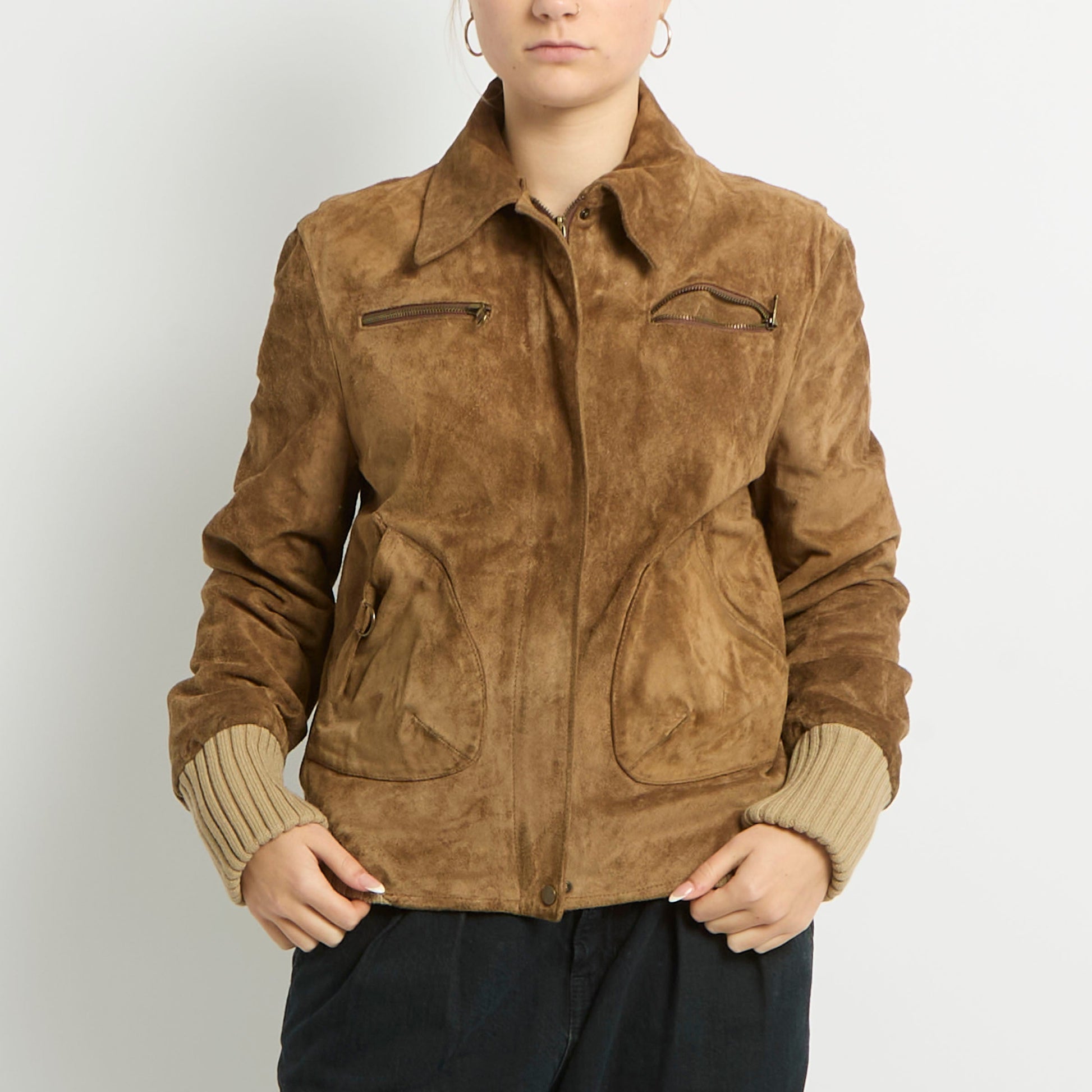 Suede Zip Ribbed Cuffs Jacket - UK 10