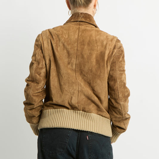 Suede Zip Ribbed Cuffs Jacket - UK 10