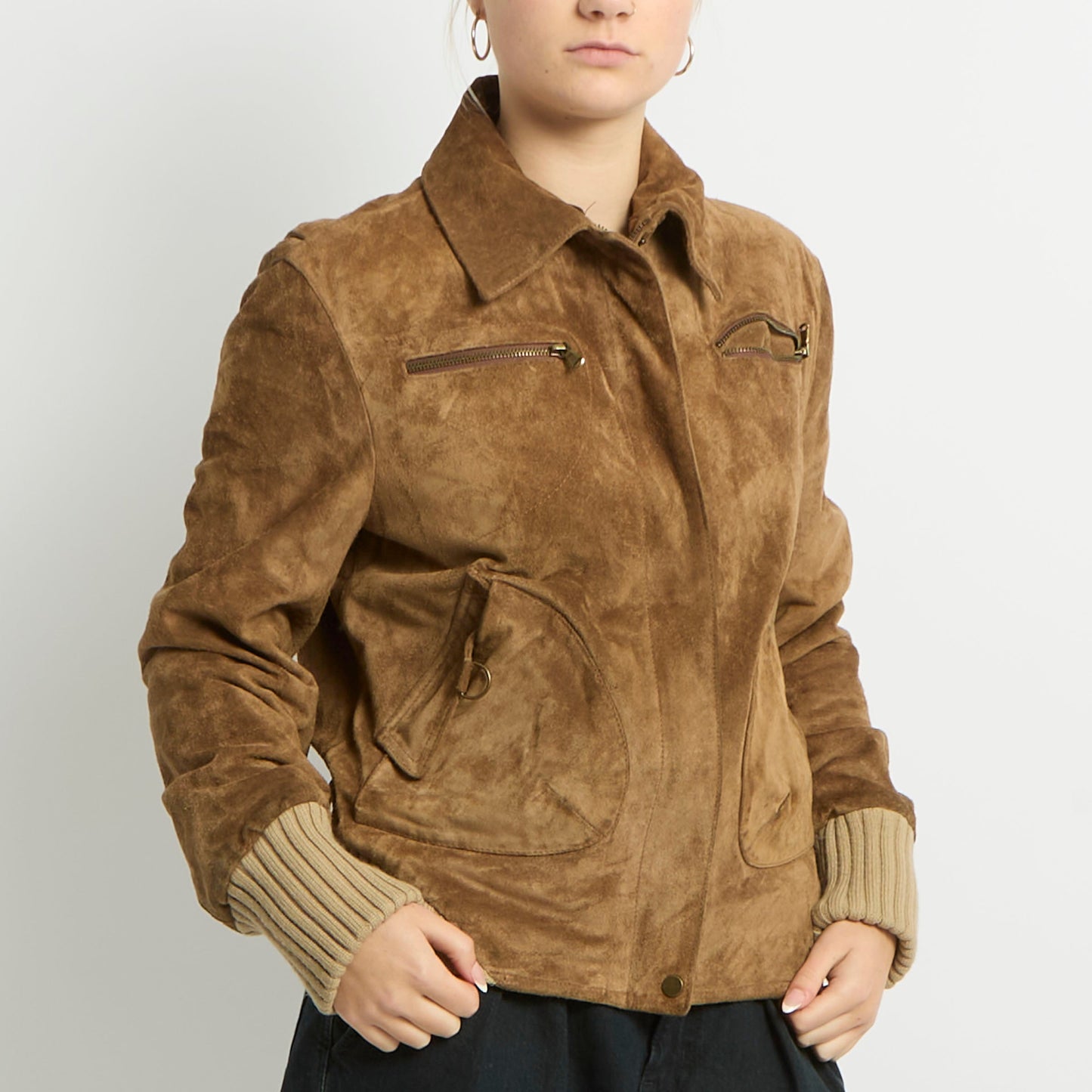 Suede Zip Ribbed Cuffs Jacket - UK 10