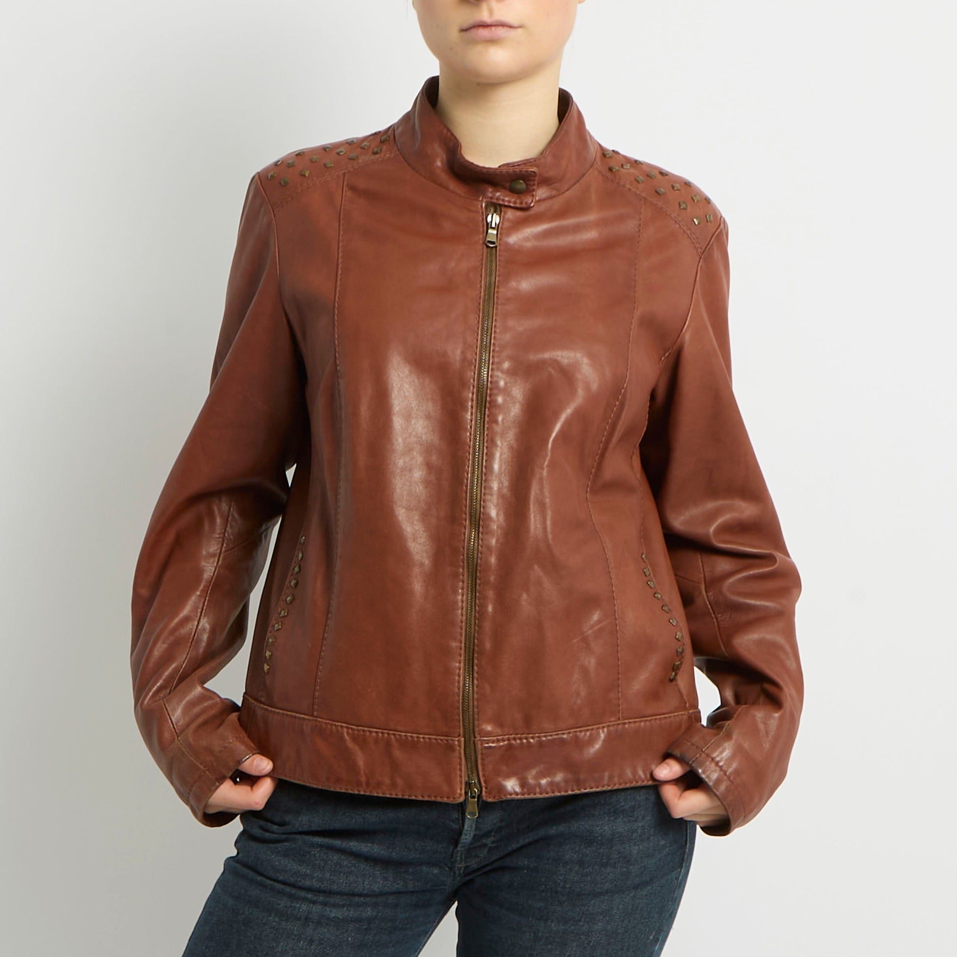 Faux Leather Studded Biker Jacket - UK 10