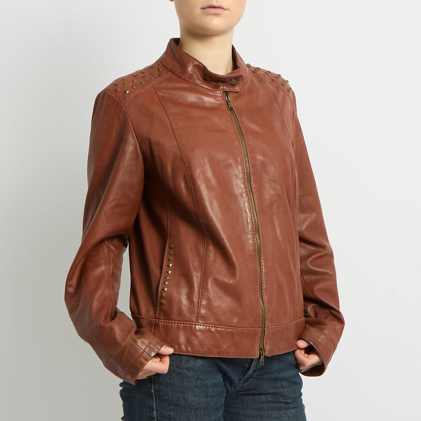 Faux Leather Studded Biker Jacket - UK 10