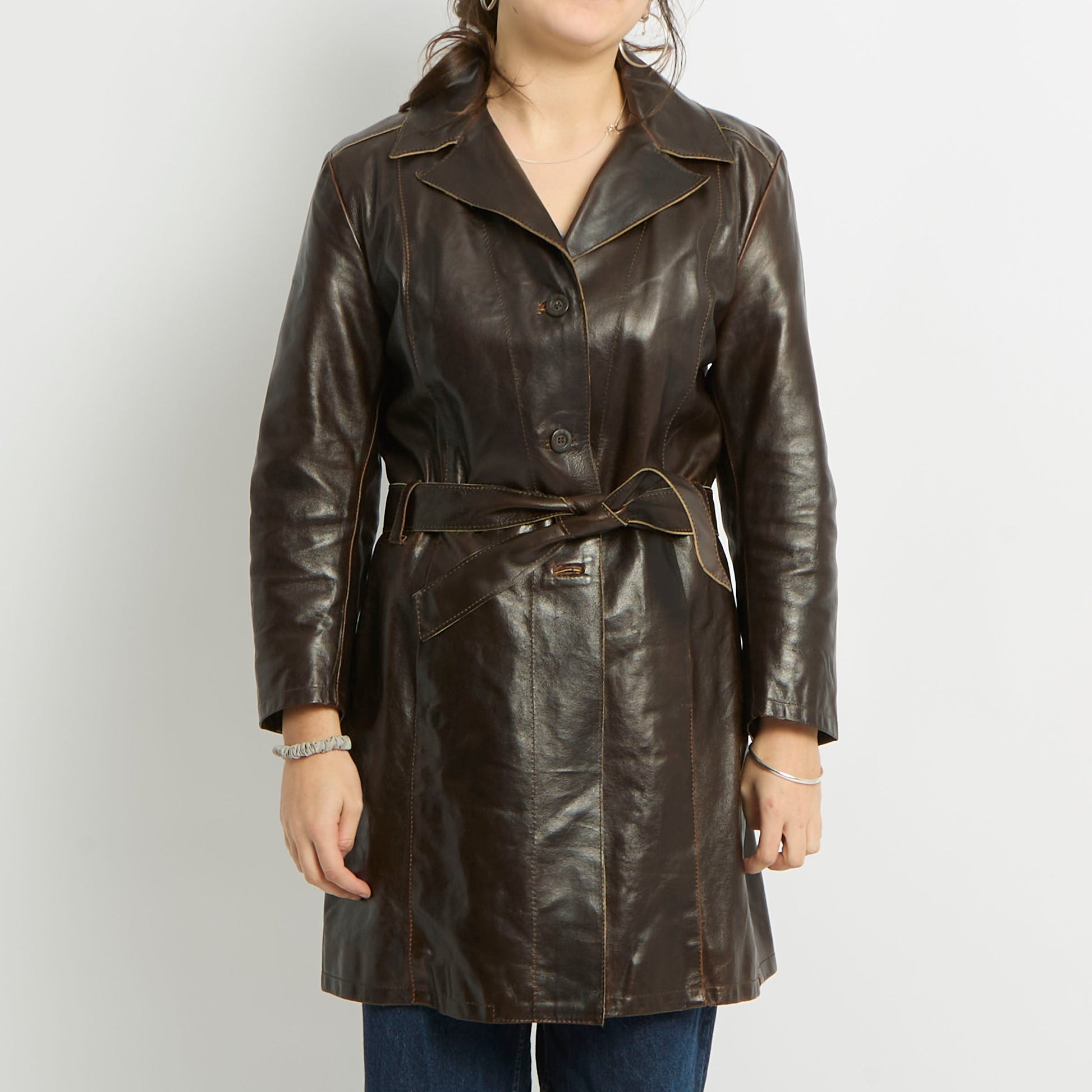 Belted Leather Trench Coat - UK 10