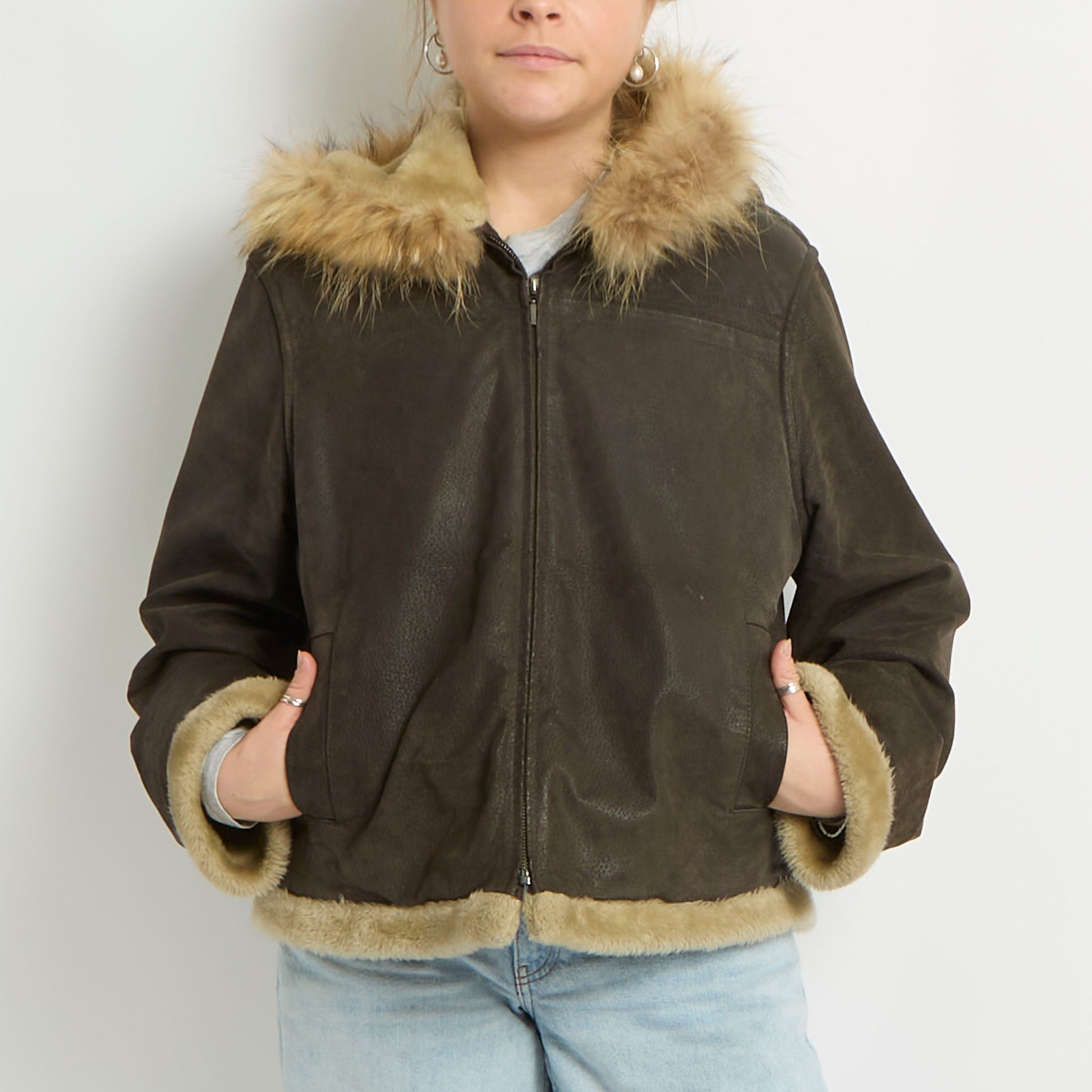 Fur Trim Suede Jacket - UK 10